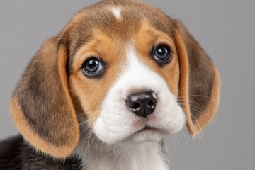 Close-Up Portrait of a Beagle Puppy With Big Blue Eyes, Ideal for Pet Adoption Campaigns and Veterinary Services Advertising : Generative AI