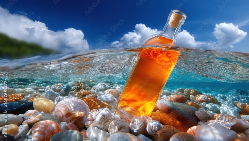 Poster message in a bottle drifting in tropical waters, representing hope and unexpected discovery for trav