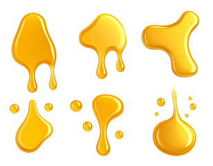 Golden liquid spills and drips in various shapes and sizes