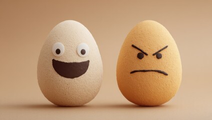 Happy Egg and Angry Egg Side by Side, Representing Emotional Contrast and Personality Differences, Suitable for Psychology or Relationship Counseling : Generative AI