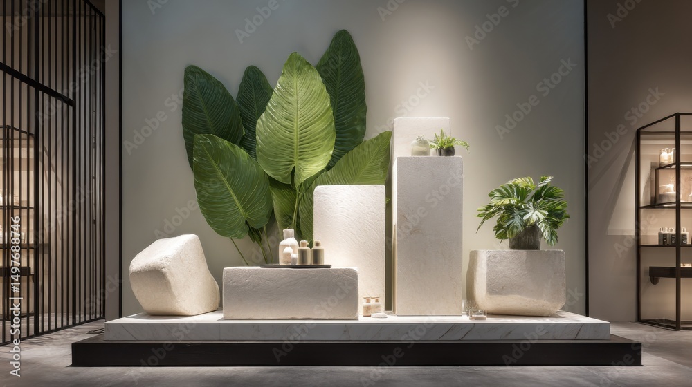 Poster elegant display of natural stone and greenery in a minimalist interior, ideal for product presentati