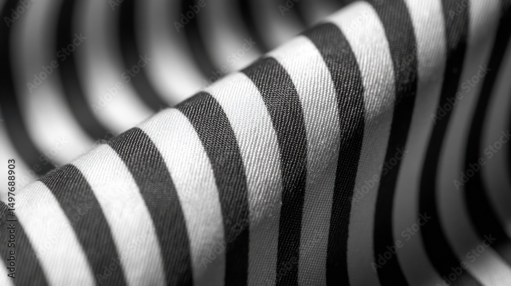 Poster close-up of black and white striped fabric, showcasing pattern design and textile manufacturing : ge