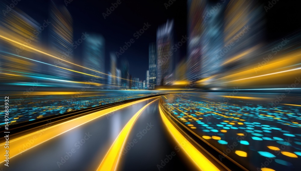 Aufkleber futuristic cityscape with motion blur and glowing lights, illustrating speed and digital transformat