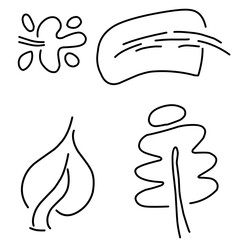 A seamless repeating pattern featuring abstract hand-drawn botanical shapes, including leaves, flowers, and organic elements, illustrated in minimalist black line art on a white background. 