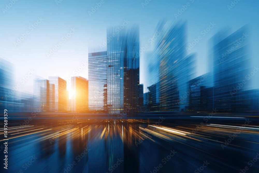 Poster Abstract Cityscape With Motion Blur and Golden Light, Representing Urban Development and Infrastructure Investment Opportunities : Generative AI