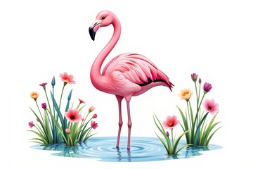 Fototapeta premium A vibrant pink flamingo standing in shallow water surrounded by colorful flowers and lush greenery isolated on White Background
