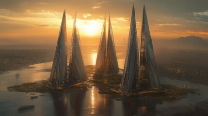 Futuristic city skyline at sunset, four tall, slender skyscrapers on island.