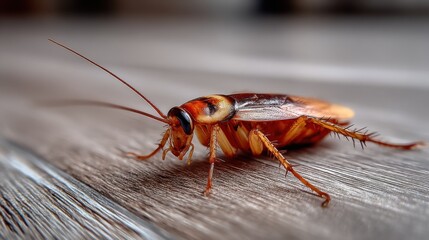 Cockroach Crawling on Wood Surface, Representing Pest Control and Home Hygiene : Generative AI