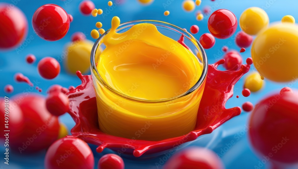 Poster bright yellow liquid splashing in glass surrounded by red and yellow spheres, representing creativit