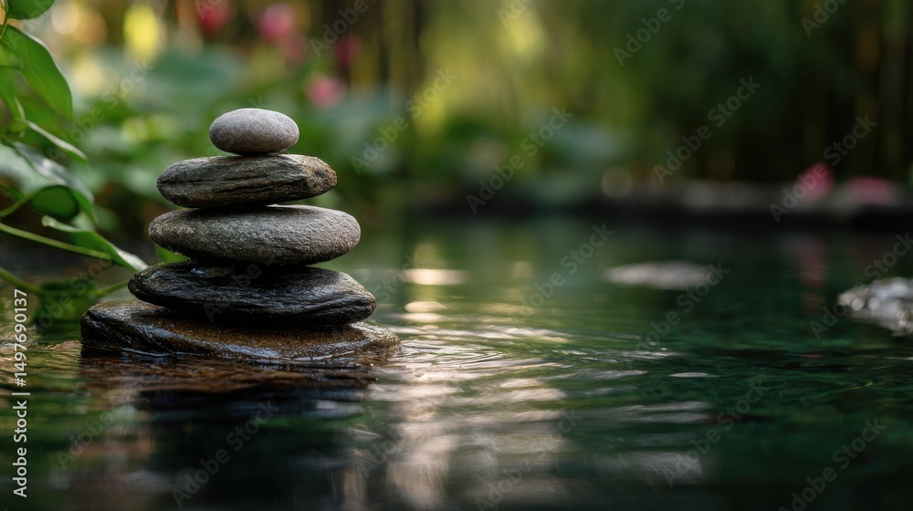 Poster stacked rocks in calm water, representing balance and peaceful meditation for wellness and mindfulne