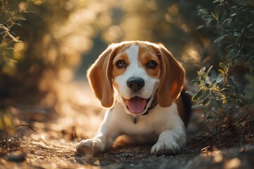 Happy Beagle Puppy Lying Down Outdoors in Golden Light, Representing Pet Ownership and Animal Companionship for Family Lifestyle Content : Generative AI