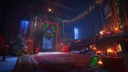 Festive Christmas entryway with gifts, candles, and wreath.