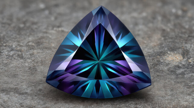 A beautifully cut trillion gemstone shimmers with mesmerizing shades of blue, green, and purple, enhanced by internal reflections and placed on a textured surface.