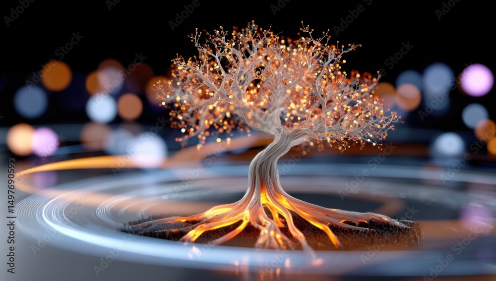 Aufkleber glowing tree with light orbs against dark background, symbolizing growth and innovation in technolog