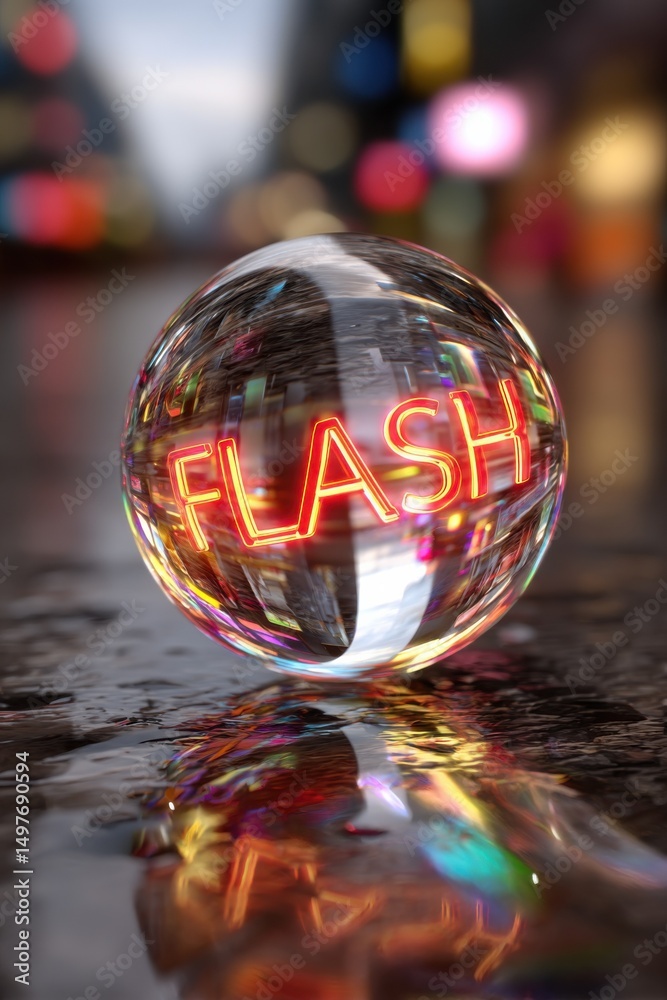 Aufkleber glowing flash word inside crystal ball on wet surface, illustrating speed and technological innovati