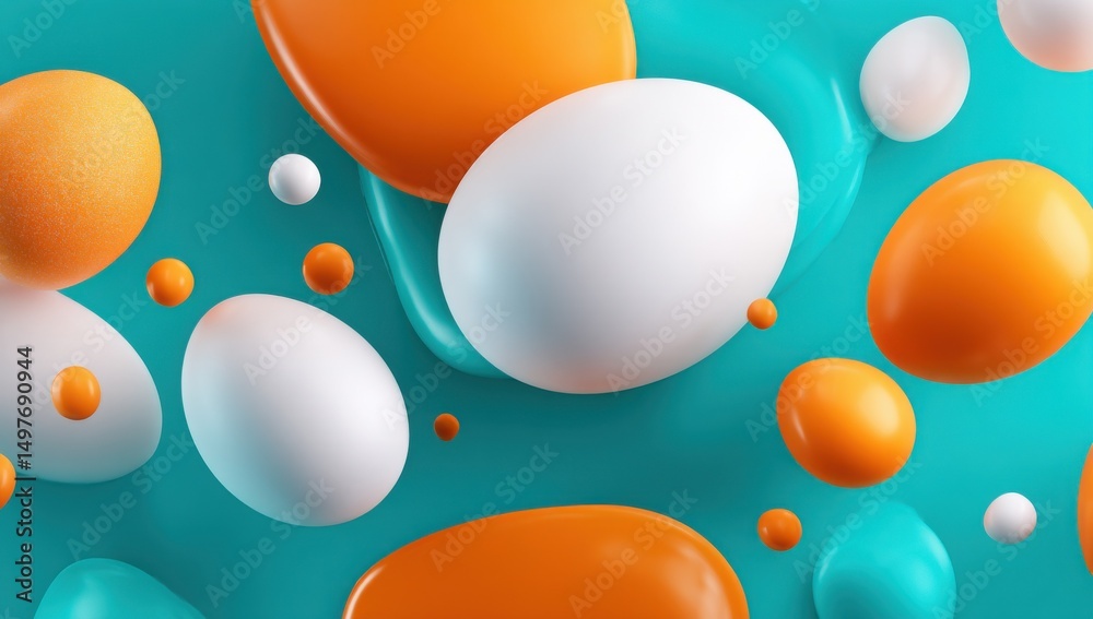 Poster Floating White and Orange Ovals on Teal Background, Representing Modern Design and Creative Solutions for Product Presentation : Generative AI
