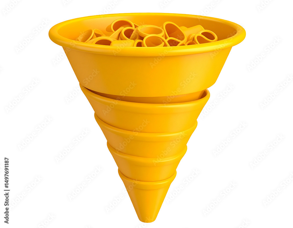 Poster a funnel-shaped system of progressively smaller containers, filled with similar objects