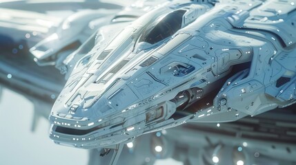 Fototapeta premium Neo-futuristic spaceport concept, close-up, sweeping metal structures, white-silver palette, ambient sci-fi lighting