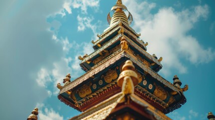 Fototapeta premium Nepalese pagoda finial detail, close-up, tiered gold ornamentation against sky, spiritual energy