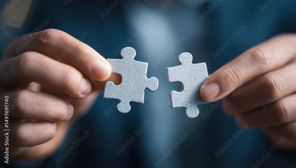 Poster hands holding two puzzle pieces, symbolizing business strategy and problem solving, representing tea