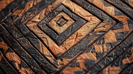 Obraz premium Nigerian ziggurat roof tile, close-up, geometric form and earthy hue, traditional-modern blend