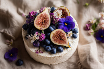Elegant pavlova dessert topped with fresh figs, blueberries, and edible flowers, AI Generated