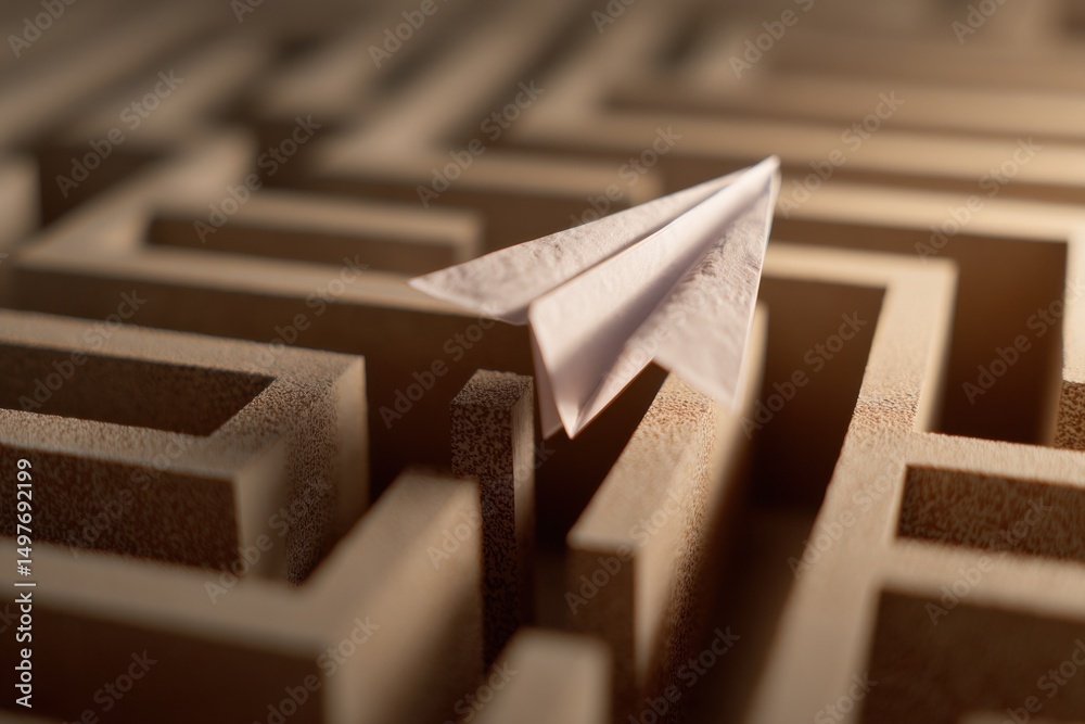 Poster paper airplane flying over maze walls, representing strategic planning and problem solving for busin