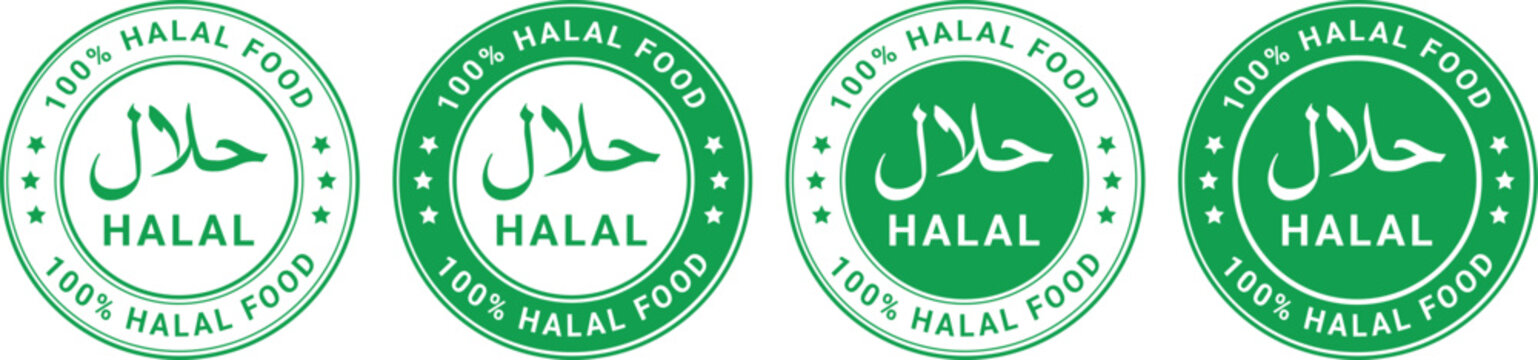 green circular halal food labels with arabic text and 100 percent halal message used for food certification and packaging	