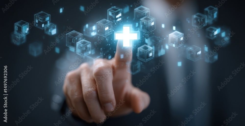 Poster Finger Touching Digital Plus Sign Surrounded by Cubes, Representing Innovation and Technological Advancement in Healthcare and Data Management : Generative AI