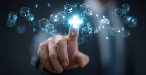 Finger Touching Digital Plus Sign Surrounded by Cubes, Representing Innovation and Technological Advancement in Healthcare and Data Management : Generative AI