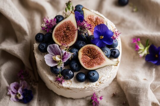 Elegant pavlova dessert topped with fresh figs, blueberries, and edible flowers, AI Generated - Powered by Adobe