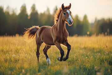 Fototapeta premium beautiful foal running on a summer field
