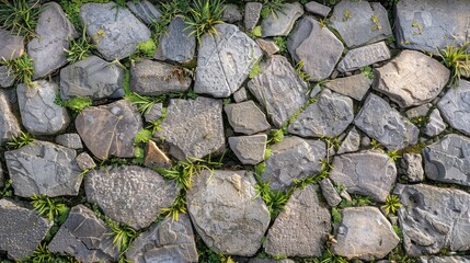 Obraz premium Peruvian Andean stone terrace, flat lay, hand-stacked walls forming patterns, green grass and gray rock