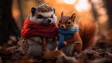 Hedgehog and Squirrel Friends in Autumn