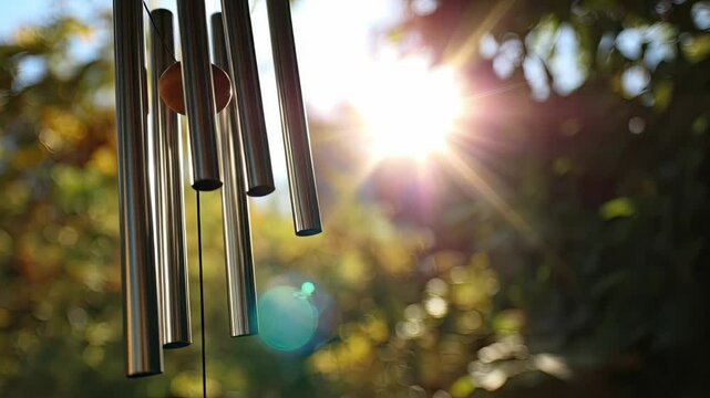 Wind chimes sway gently as sunlight filters through green leaves nature s calming symphony