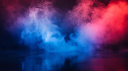 Red and blue smoke clouds on black transparent background 
