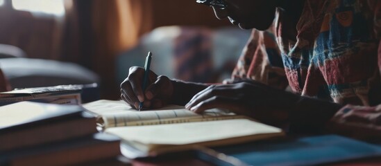 Person writing in notebook at desk.