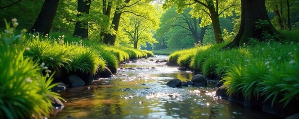 Fototapeta premium Serene creek flowing through lush green spring foliage, sunlight dappling the water's surface Tranquil nature scene perfect for relaxation and meditation , flora, leaves, peaceful