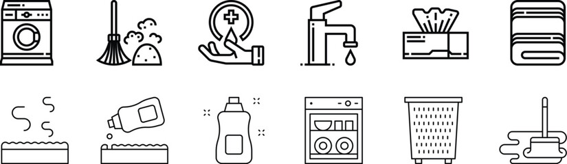 Cleaning service, line design template vector illustration. Outline housekeeping tools and maids' equipment among soap bubbles, vacuum cleaner, and brush, cleaning broom, and mop to clean house