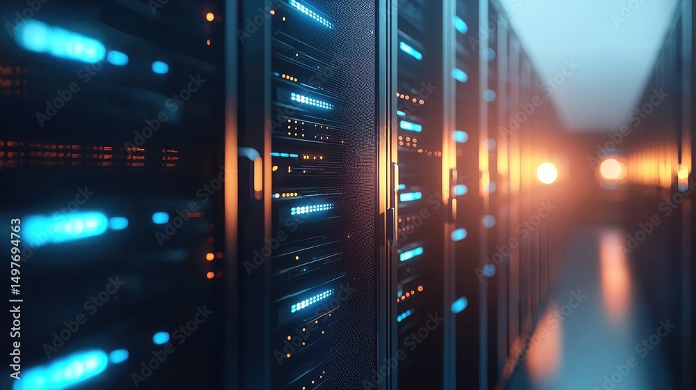 Poster data center hallway with glowing blue and orange server lights, capturing advanced network infrastru