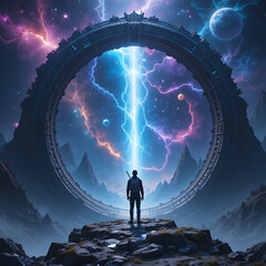 Traveler Facing Cosmic Storm in Extraterrestrial Landscape, Digital Art, Sci-Fi Environment, Dramatic Perspective