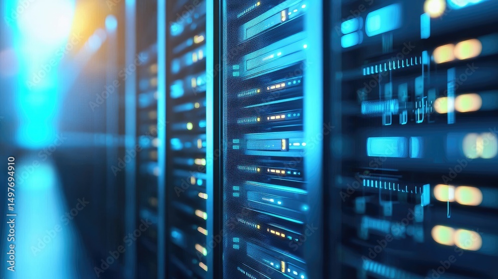 Poster modern data center with glowing blue server racks, representing cloud storage, high-speed networking
