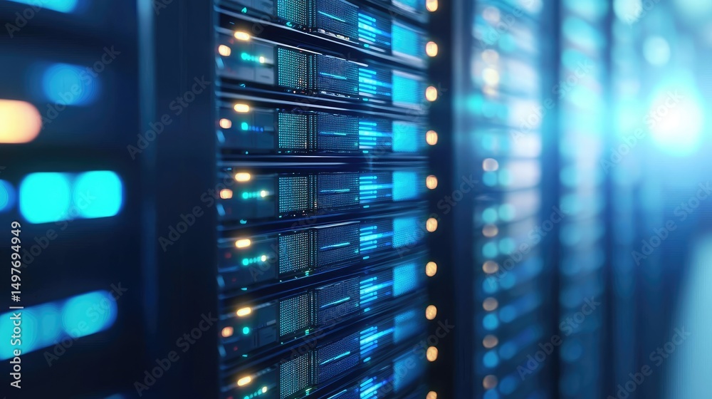 Poster Advanced server room with glowing blue hardware racks and illuminated lights, showcasing modern data center technology, ideal for cloud computing, IT services, and cybersecurity use