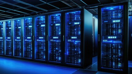 Obraz premium High-tech server room with illuminated blue network racks in a secure facility, showcasing cutting-edge data infrastructure for cloud computing, enterprise IT, and cybersecurity use