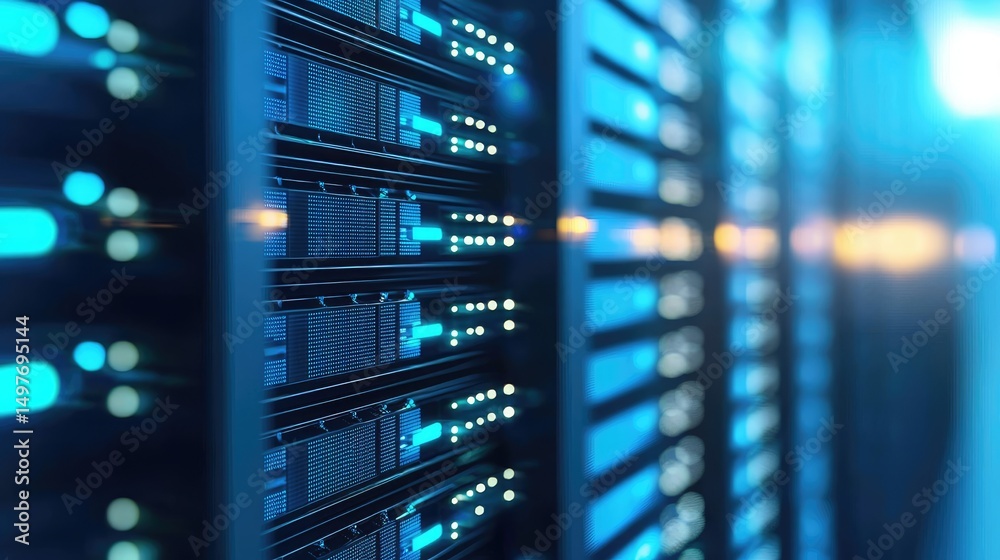 Aufkleber Blue-lit server racks in a secure data center hallway, showcasing modern IT infrastructure and cloud computing, ideal for use in tech blogs, hosting ads, and IT service platforms