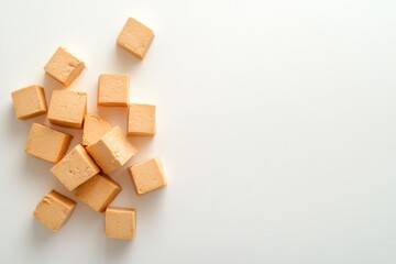 Obraz premium Sweet vanilla fudge pieces scattered on white background