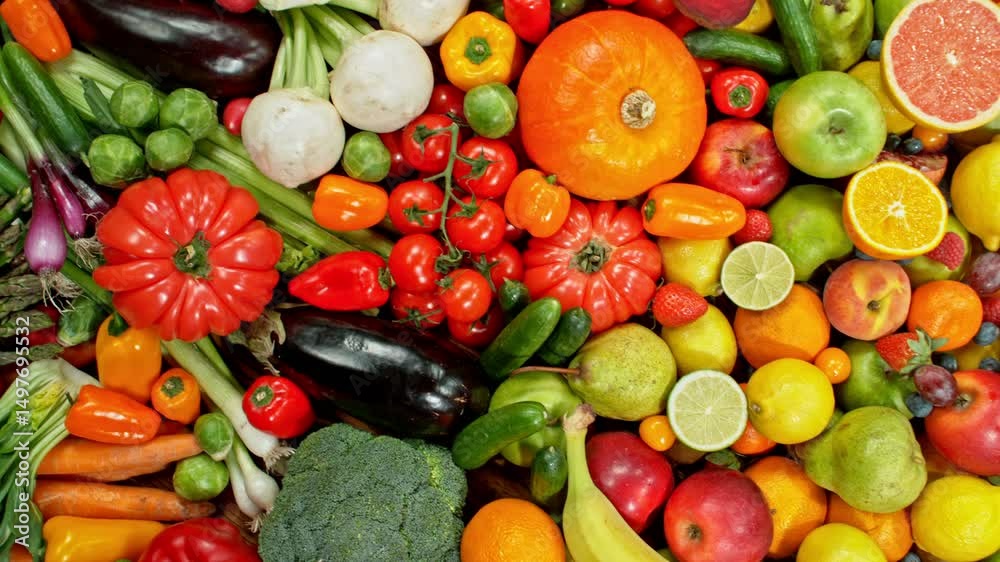 Aufkleber various kind of fresh fruits and vegetable. camera placed on motion control system. filmed on high s