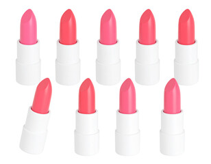 Ten lipstick tubes in various shades of pink, arranged on a white background