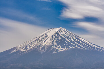 Springtime view of Mount Fuji with its snow-capped summit and fresh scenery