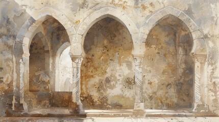 Obraz premium Syrian caravanserai courtyard, close-up, pointed arches and weathered walls, soft beige and sand hues